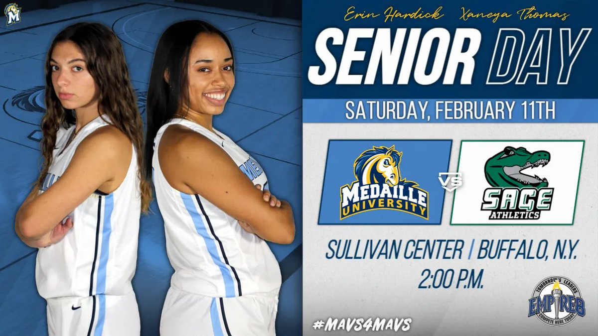 medaillemavs's tweet photo. SENIOR DAY &amp; #MAVS4MAVS! Come support @MedailleWBB as we recognize seniors Erin Hardick and Xaneya Thomas on their careers as Medaille Mavericks! 🏀 💙 💛 

⏰ 2:00 P.M.
📺 https://t.co/drtzoAmGDx 
📈 https://t.co/925m3Omlr7 

#GoMavs | #HorsePower https://t.co/glVYFGnKVN