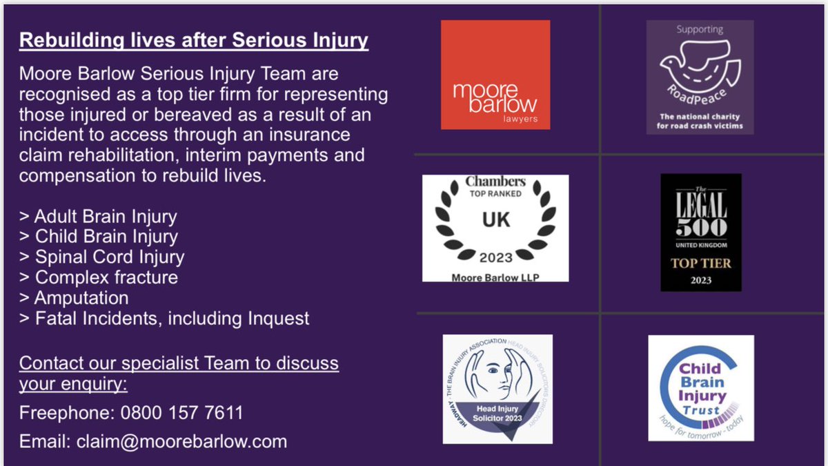 Our <a href="/MBinjury/">Moore Barlow Injury</a> Serious Injury Team are here to help rebuild lives after serious injury or bereavement and can be contacted by phone on 0800 157 7611 or by email claim@moorebarlow.com to discuss your enquiry. 

#braininjury #fatal4 #compensation #claim #accident #limbloss #sci