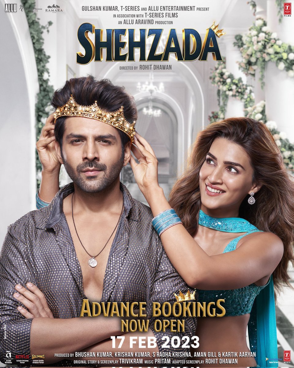 #Shehzada Advance Bookings open now 

@TheAaryanKartik @KritiSanon @MKoirala @SirPareshRawal @RonitBoseRoy @SachinSKhedekar @rajpalofficial #Trivikram @iPritamOfficial #BhushanKumar #KrishanKumar #AlluAravind #SRadhaKrishna @TheAmanGill @AlluEnts @HaarikaHassine #RamaraFilms