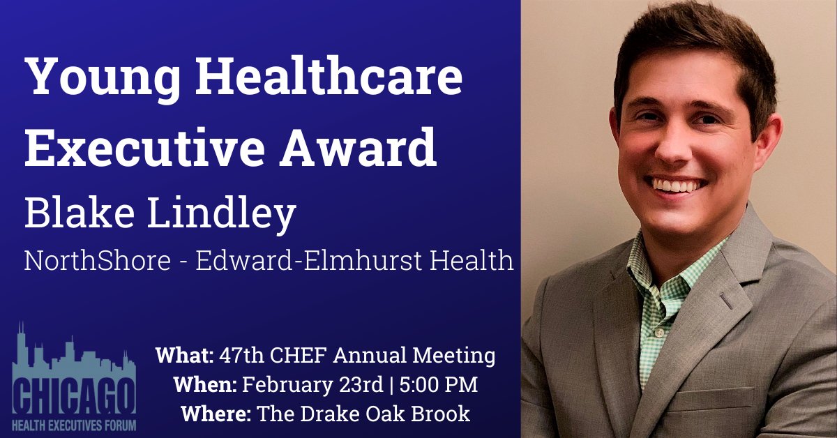 ChicagoACHE's tweet photo. Please join us in congratulating Blake Lindley, FACHE for receiving the 2022 CHEF Young #Healthcare Executive Award. Help them celebrate on February 23rd at the 47th CHEF Annual Meeting. Register today! #ChicagoACHE https://t.co/qvH7HUko47 https://t.co/75nqkpHsap