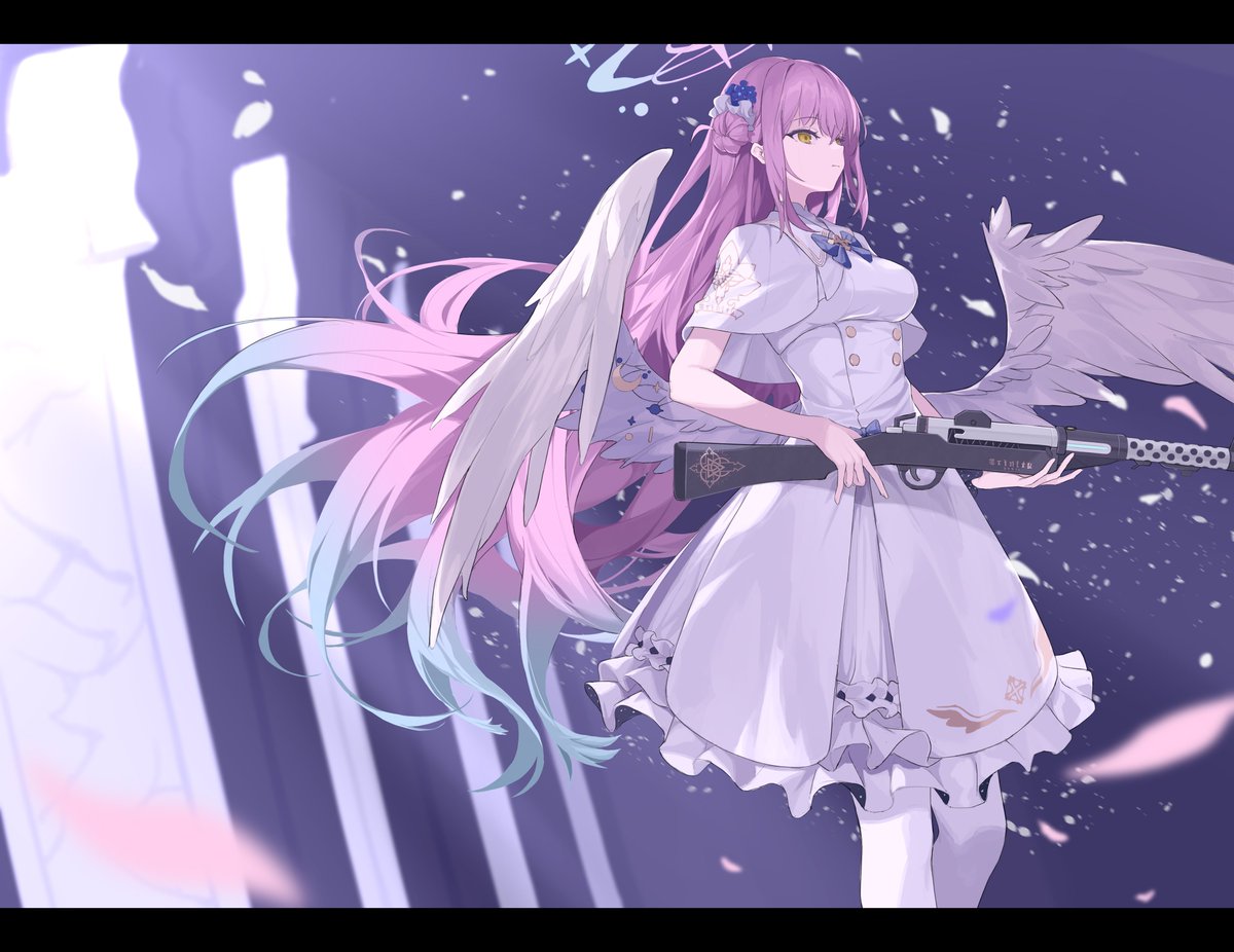 mika (blue archive) 1girl weapon gun solo wings long hair pink hair  illustration images