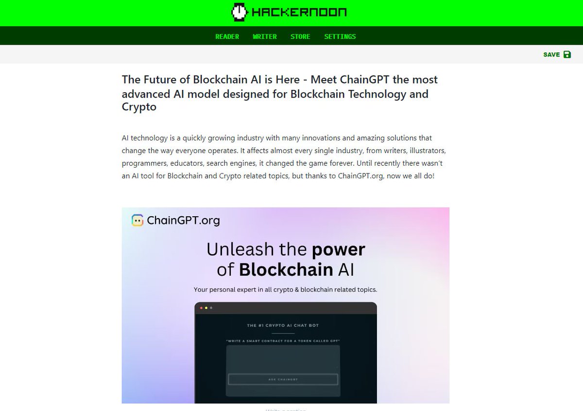 Chain_GPT's tweet image. #Hackernoon Feature:
"Meet ChainGPT the most advanced AI model designed for Blockchain Technology and Crypto"
👉 Start Reading: app.hackernoon.com/mobile/JzGYDRY…