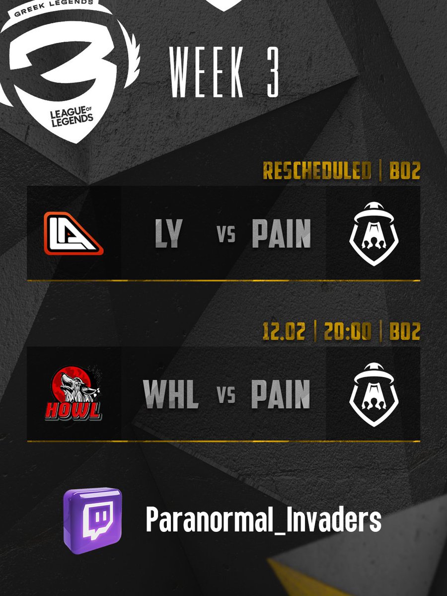Paranormal Invaders ( PAIN ) (@parainvaders) on Twitter photo ⚡️GLAL Week 3
👽GLAL Week 3 Day 1
🗓️12.02
🆚<a href="/Howl_EsportsGr/">Howl Esports</a>
⏰20.00 Greek Time
⚔️BO2
🌐twitch.tv/paranormal_inv…
🎙️Casting by <a href="/vaggelis_pk/">Vaggelis "PkSquadCreator" Kokkinos</a> & <a href="/GeorgeAkrivopo1/">George Akrivopoulos</a> ⚡️GLAL Week 3
👽GLAL Week 3 Day 1
🗓️12.02
🆚<a href="/Howl_EsportsGr/">Howl Esports</a>
⏰20.00 Greek Time
⚔️BO2
🌐twitch.tv/paranormal_inv…
🎙️Casting by <a href="/vaggelis_pk/">Vaggelis "PkSquadCreator" Kokkinos</a> & <a href="/GeorgeAkrivopo1/">George Akrivopoulos</a>