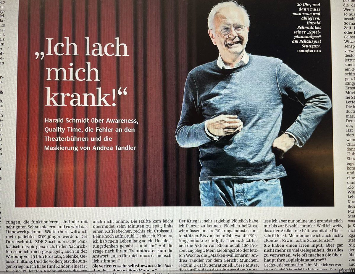 Baernfelserin's tweet photo. Ich darf noch auf mein Interview mit dem hoch entspannten, arschcoolen, extrem souveränen Harald Schmidt in der @SZ hinweisen. Es geht um Wokeness im Theater, politisch korrekte Sprache, @janboehm und den Verjüngungswillen des #ZDF. Er nennt auch die drei schönsten Orte der Welt https://t.co/4BuBRJZ3Ud