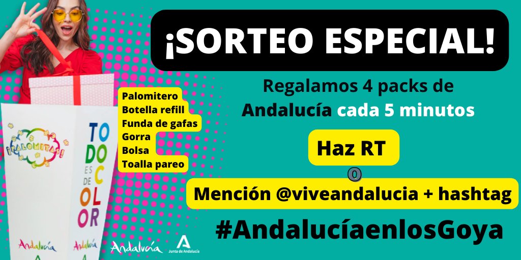 🚨 SORTEAMOS

Gana uno de los 4 packs que sorteamos cada 5 minutos:
🔁 RT a este tuit
🗣️Comenta con mención <a href="/viveandalucia/">Vive Andalucía</a> + #AndalucíaenlosGoya

¡Además, entre todos los ganadores sortearemos un viaje para dos a Andalucía!