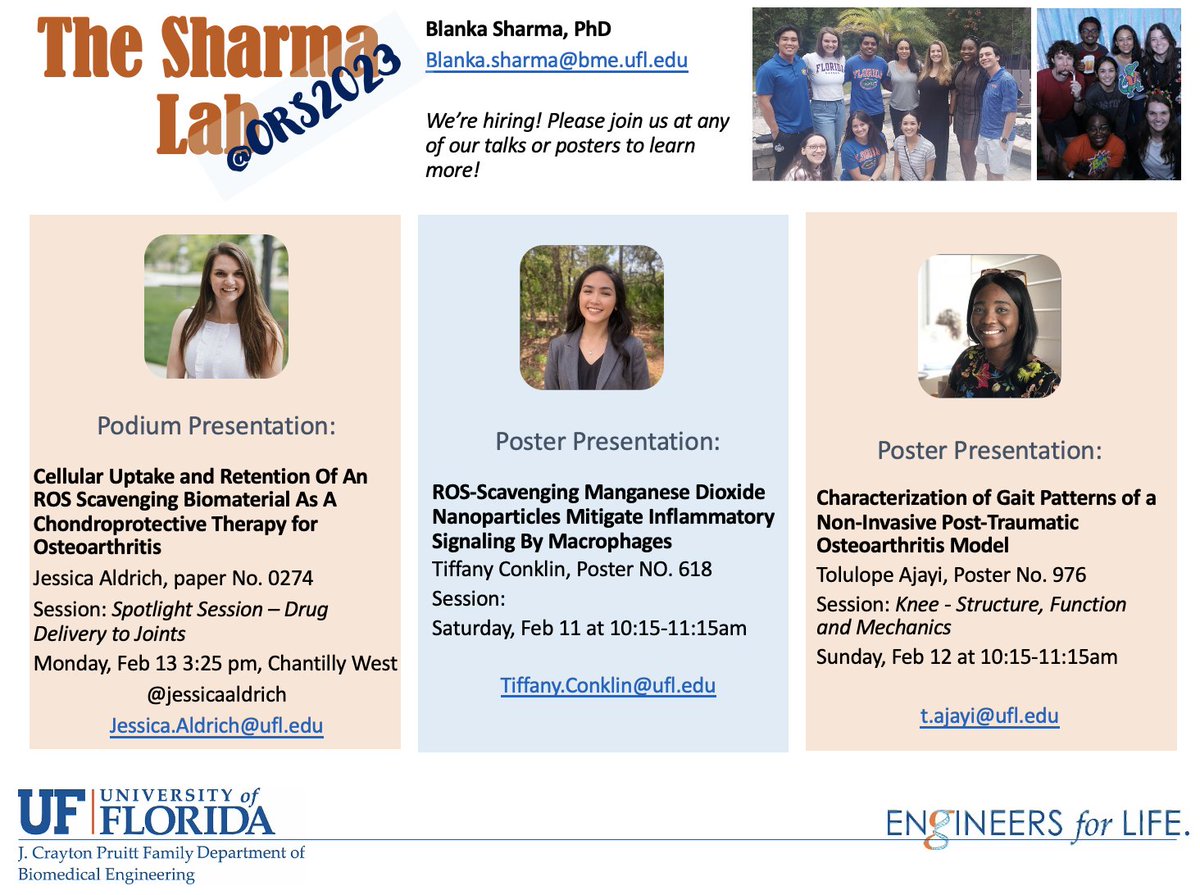 Be sure to stop by Sharma Lab talks and posters at #ORS2023 this week! I'll be hanging out at poster No. 618 today and will be speaking Monday afternoon!