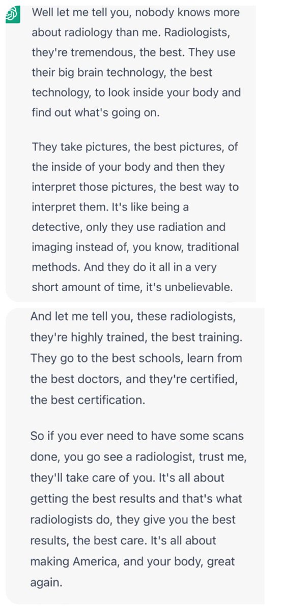 ChatGPT ‘describe what a radiologist does but in the style of Donald Trump’