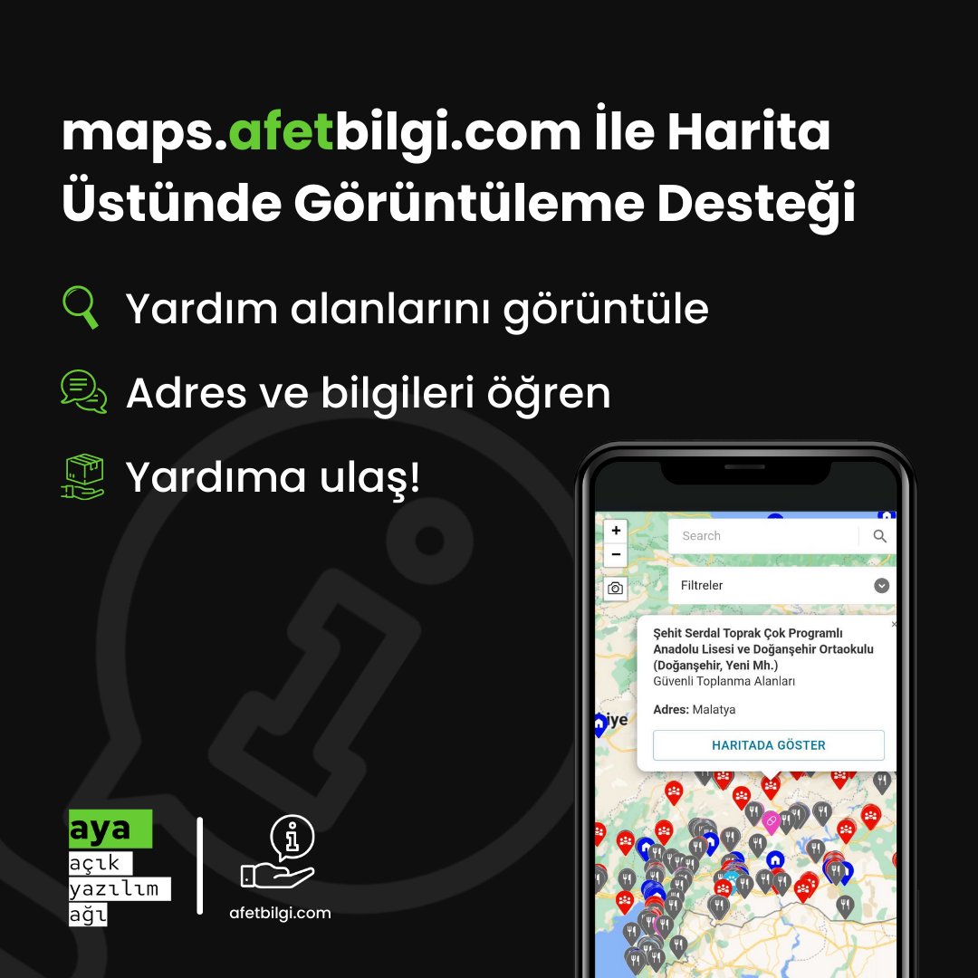 Depremle mücadelede geçici barınma ve güvenli toplanma alanları, yemek dağıtım alanları, veterinerler vb. önemli bilgilerin doğrulanarak hem afetzedelere, hem de yardımcı olmak isteyenlere ulaştırılmasını sağlayan platform; afetbilgi.com
#AYA #AçıkYazılımAğı #AfetBilgi