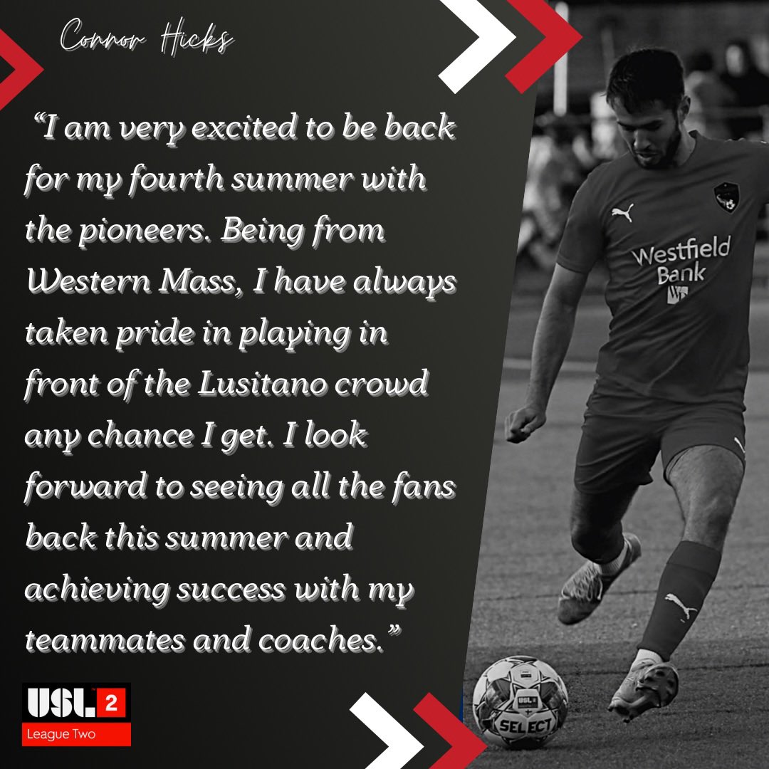 🚨‼️HICKS IS BACK‼️🚨 Connor will be returning for the 2023 USL2 season.

The local right back from Monson, MA returns to the Lusitano Stadium for his fourth year. Number 13 will be busy again ⚔️🇺🇸

*pending league approval*
