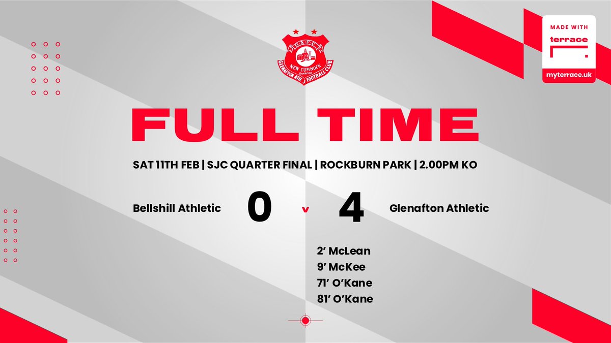 90’| FULL TIME

The Glens are through to the semi finals of the Scottish Junior Cup 🏆

Enjoy your night Glens fans 🔴⚪️🍻

#awatheglens 🔴⚪️