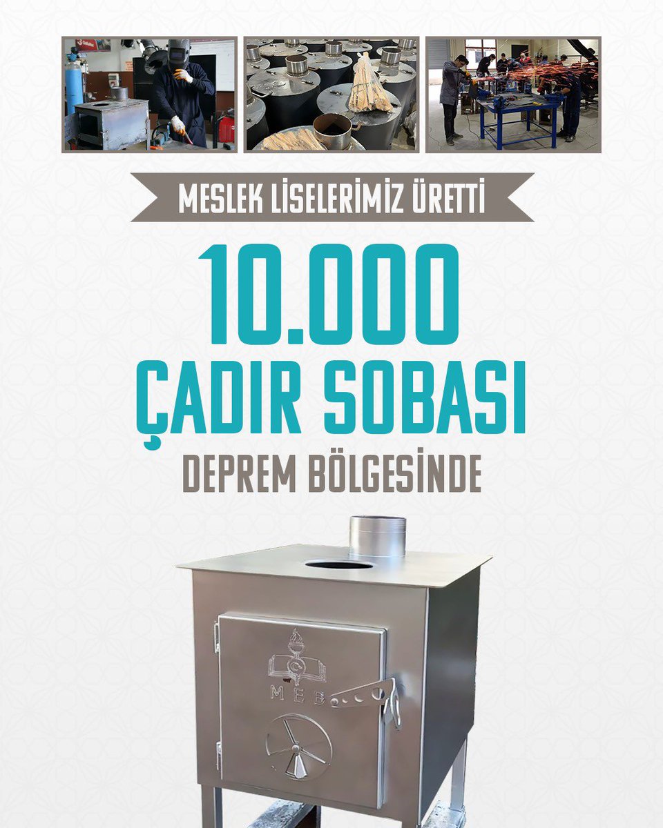 Meslek liselerimiz her zor günümüzde olduğu gibi bu süreçte de var gücüyle çalışarak tüm üretim kapasitesini kullanıyor. 

10 ilimizdeki çadırlar için 159 okulumuzda ilk etapta 10 bin soba üreterek bölgeye gönderdik. 

Türkiye Tek Yürek🇹🇷