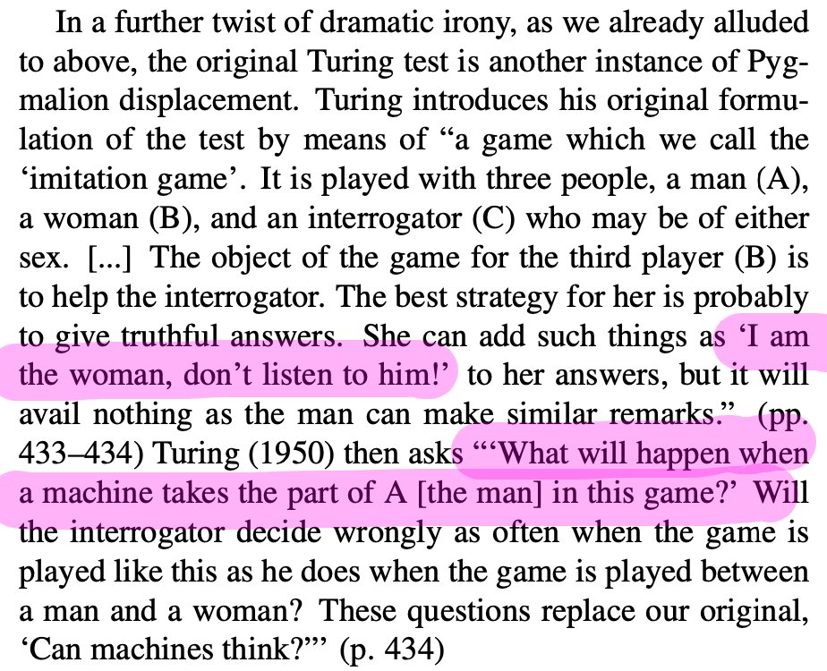 o_guest's tweet photo. We also make the case that the Turing test, the imitation game (see "Interlude: Can women think?" in https://t.co/rFbUyx8Hpb) rhetorically helps to form the founding historical example of Pygmalion displacement: when women computers were replaced by digital computers. 3/4 https://t.co/xasdouXVAQ