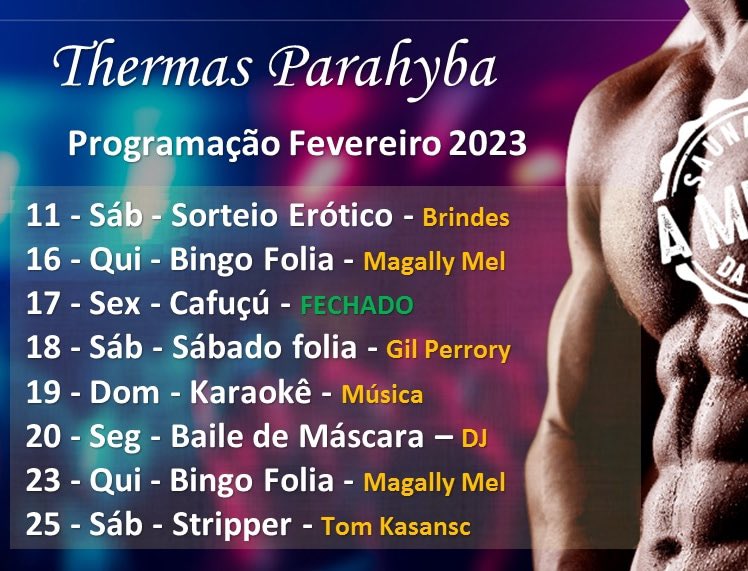 ThermasParahyba's tweet photo. E aí meus gostosos. Venham conferir a nossa programação de Fevereiro.
Já começa hoje, então vem curtir um bom banho de sauna. https://t.co/oROI526sYC