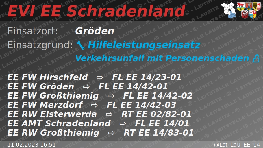 🚨 11.02.2023 16:51 💥 👤 H:Verkehrsunfall-mit-P 🌐 Gröden 🚒 ⇨ FW Hirschfeld, FW Gröden, FW Großthiemig, FW Merzdorf