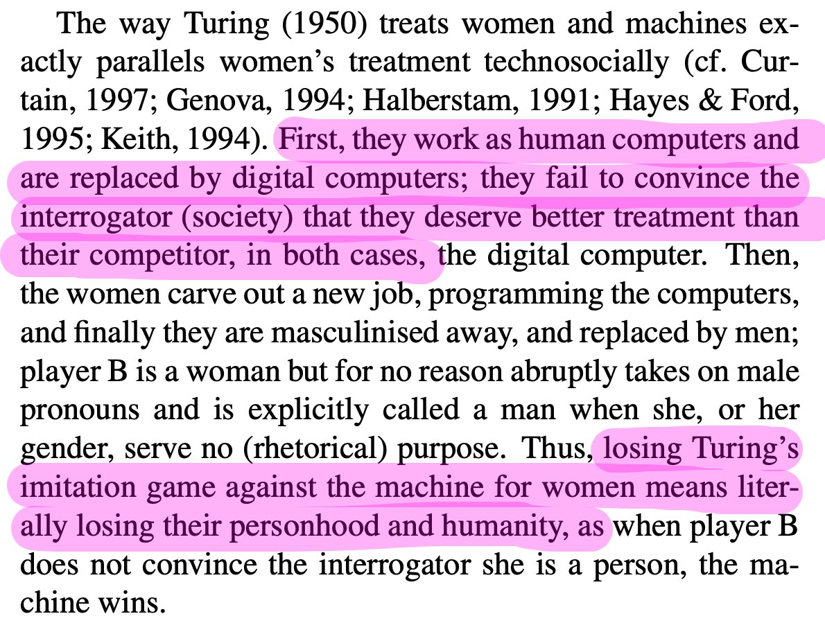 We also make the case that the Turing test, the imitation game (see "Interlude: Can women think?" in osf.io/preprints/soca…) rhetorically helps to form the founding historical example of Pygmalion displacement: when women computers were replaced by digital computers. 3/4
