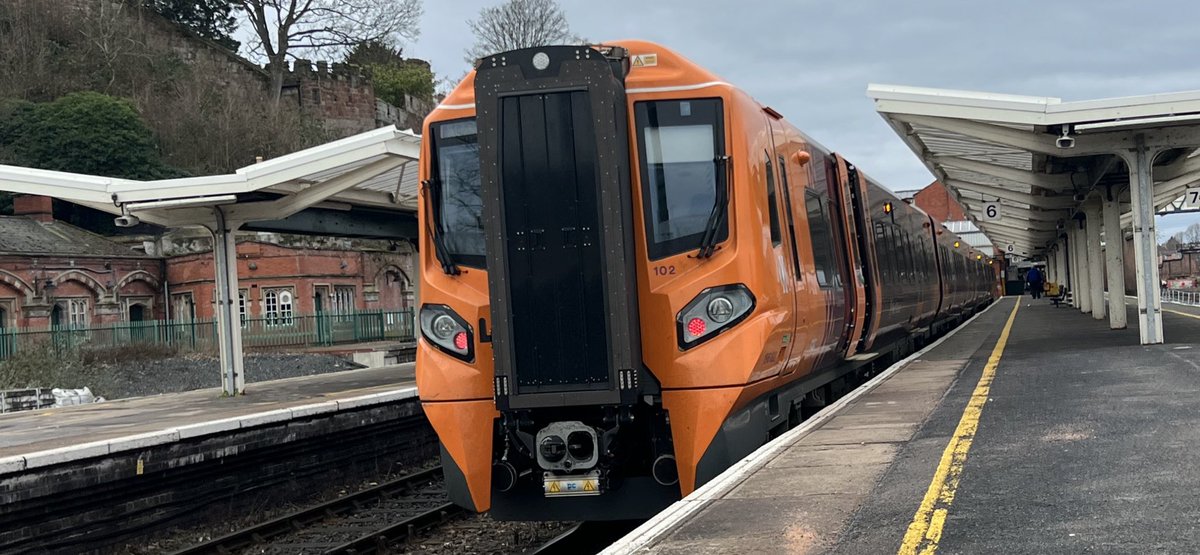 PlatformEdge1's tweet image. Afternoon all,

Here we have 196102 at Shrewsbury with a couple of TFW trains next to it #Class153 #Class158 #Class175 #Class196