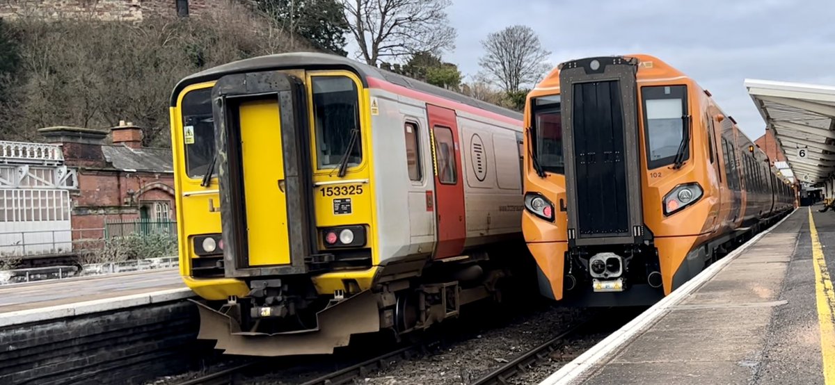 PlatformEdge1's tweet image. Afternoon all,

Here we have 196102 at Shrewsbury with a couple of TFW trains next to it #Class153 #Class158 #Class175 #Class196