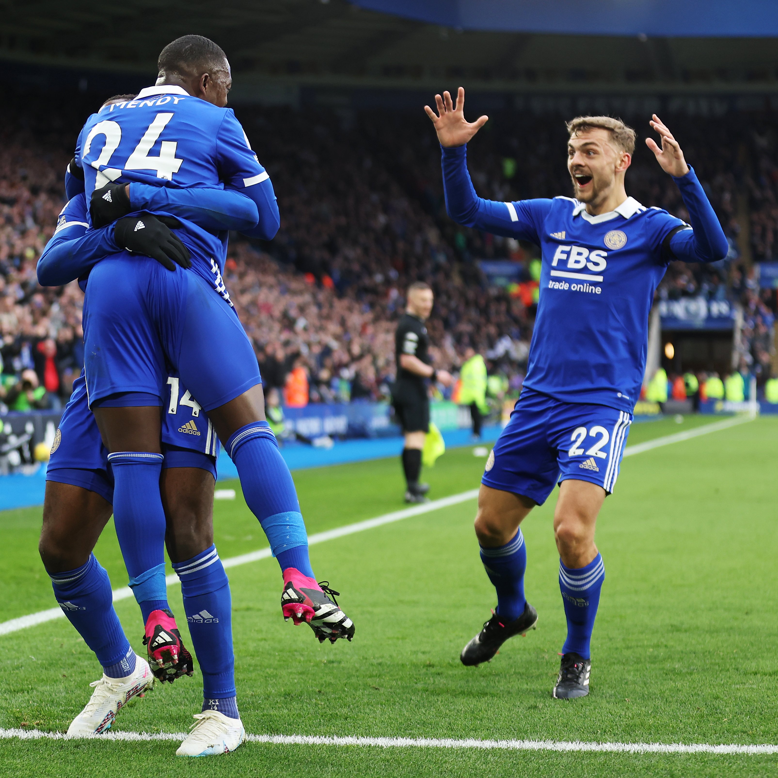 Kiernan Dewsbury-Hall joins Papy Mendy in celebration of his goal.