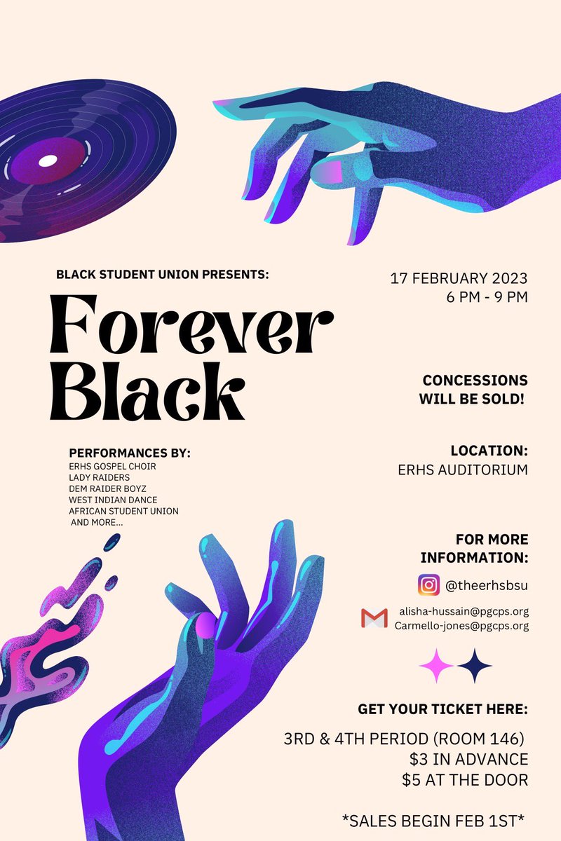 erhsptsamd's tweet image. The ERHS Black Student Union is hosting a Black History month event, Forever Black, on February 17th between 6-9pm. Tickets are on sale now for $3 in Room 146, or $5 at the door. See the attached flyer for performance information!  #BlackHistoryMonth #ERHS #blackstudentunion