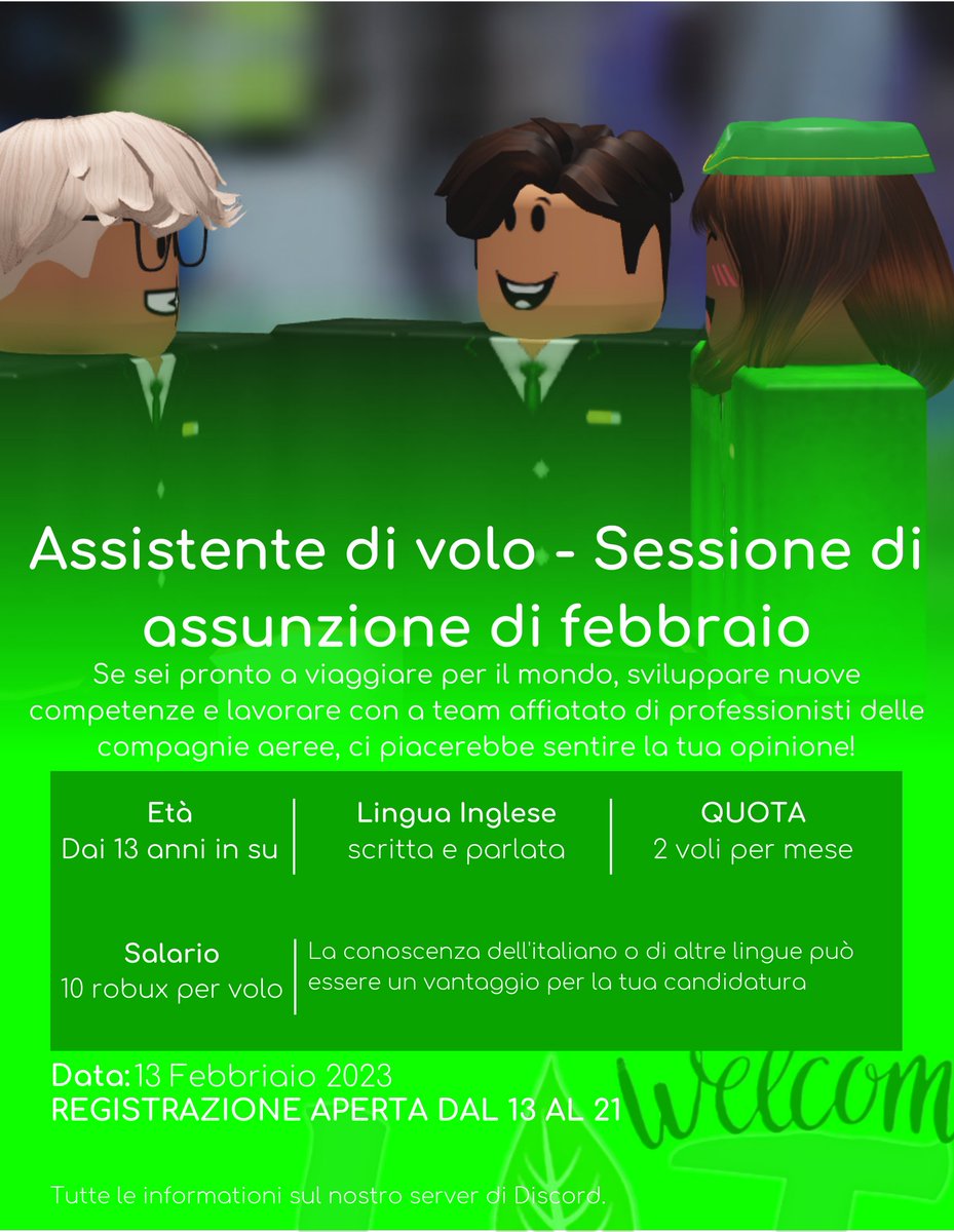 LiteAirlines's tweet photo. Stiamo cercando Assistenti di volo da inserire nel nostro team! Le iscrizioni sono disponibili dal 13 al 21! Unisciti a noi oggi! Link in bio!
#RoAviation #ROBLOX #RobloxDev https://t.co/ZK6KtZPoXn