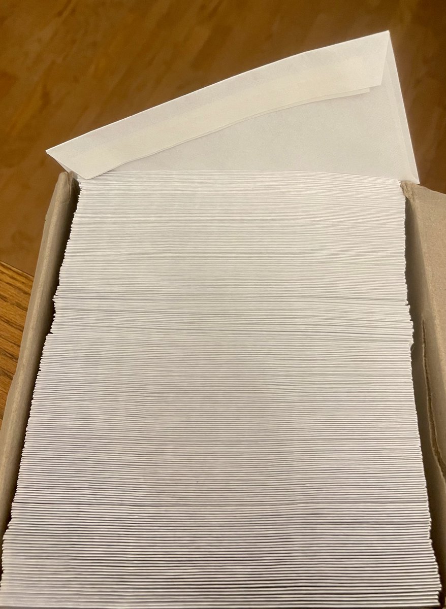 I had an existential moment when I saw this box of 300 envelopes. They are #6 envelopes, not the typical #10, so I have only used a few so far even though I’ve had them for some years.
These envelopes will outlive me, I thought. Life is not long enough for 300 #6 envelopes.