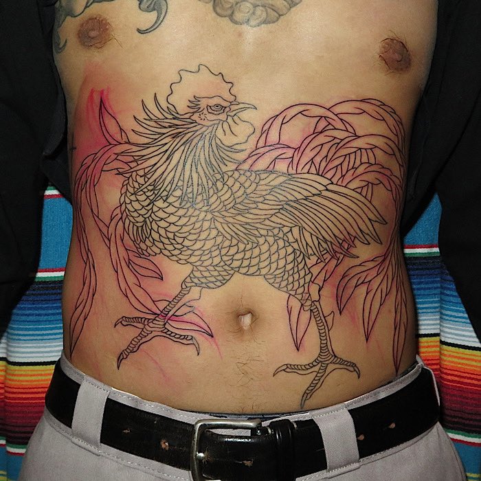 尾長鶏のスジ彫り完了
Long-Tailed Rooster