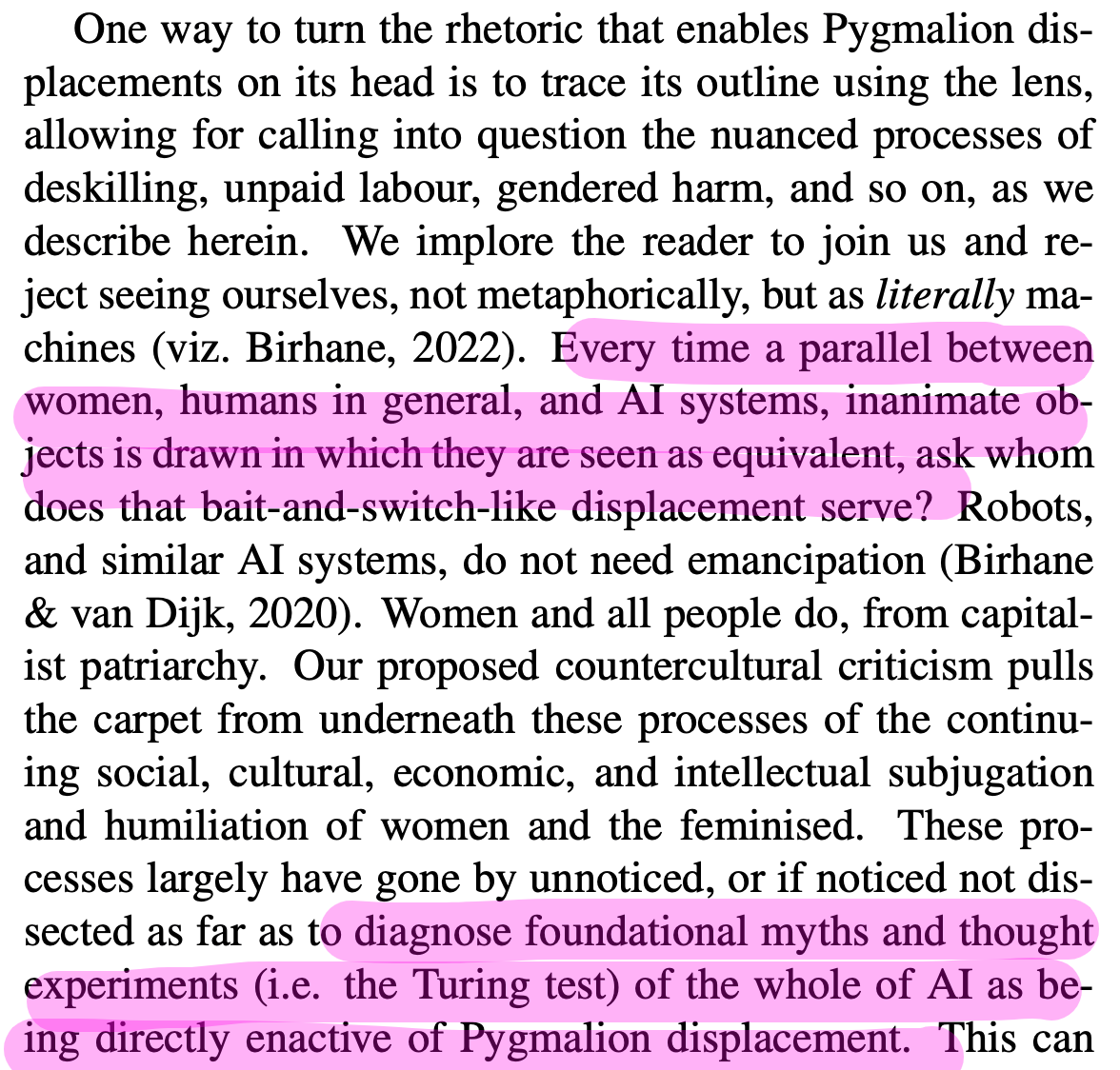 We end on asking you to use our lens where useful to note Pygmalion displacements as a first step towards escaping the cycle of sexist AI-based harm. When a parallel between women and AI is drawn, ask whom does that bait-and-switch serve?

More here: osf.io/preprints/soca…

4/4