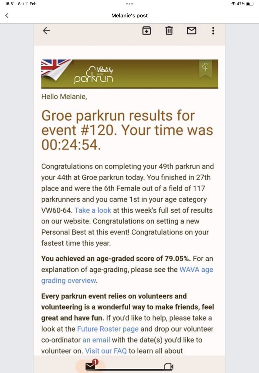 MelanieGraham5's tweet photo. Another parkrun pb for me, I have worked so hard for this, never thought I would get under 25 mins at 62 years old 6th female and 1st in age category #parkrun #groeparkrun #parkrunpb #runningfaster #runninginmysixties https://t.co/XtvctoU1K1