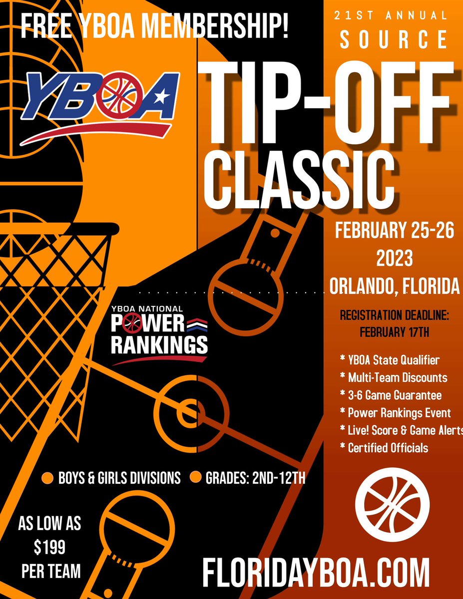 21st Annual YBOA SOURCE Tip-Off Classic. ONLY 1 WEEK LEFT TO REGISTER! floridayboa.com