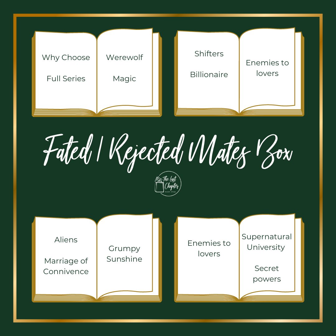 lastchaptershop's tweet image. It's trope time! Can you guess what books are in the fated/rejected mates box?👀⁠
⁠
#thelastchapter #bookboxes #romancebooks #fatedmates #rejectedmates #paranormalromance #paranormalromancebooks