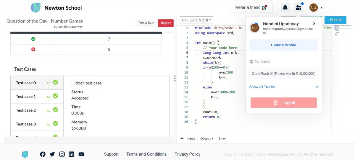 Today I have solved Number Games using #cplusplus
#Day27 of #30daysofcode @everydaycoders
#community #coding #programming #competitiveprogramming #codingchallenge #dsa #bubbleupcommunity