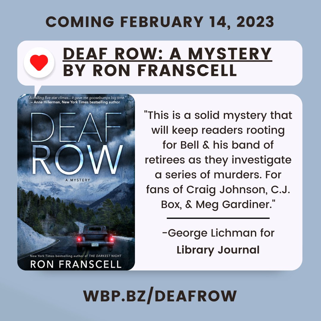 WBPTrueCrime's tweet image. DEAF ROW by Ron Franscell, a new #mystery coming out this Tuesday, received a positive review in #LibraryJournal. Want in on the mystery? Pre-order the book at the link today &amp;amp; save!

wbp.bz/deafrow

#book #sale #preorder #review #comingsoon #ronfranscell #deafrow