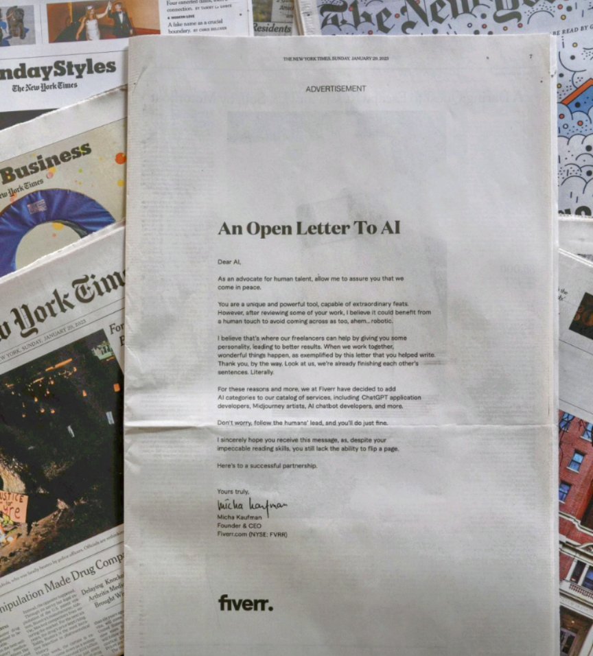 CEO of <a href="/fiverr/">Fiverr</a> just wrote an interesting letter to #AI. I'm still on the fence if they did right but I'm more worried about them getting a letter back... 

#timewilltell #openai #ChatGPT