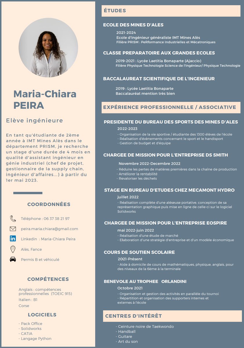 👋 Hello la communauté
Maria-Chiara, (Mines Alès), recherche un stage
Assistant ingénieur 
👉1 mai 2023
👉4 mois
👉Secteurs : génie industriel, gestion de projets, gestion de la supply chain ou encore ingénierie mécatronique/mécanique
Voici son CV. Faites circuler ! 🚀
