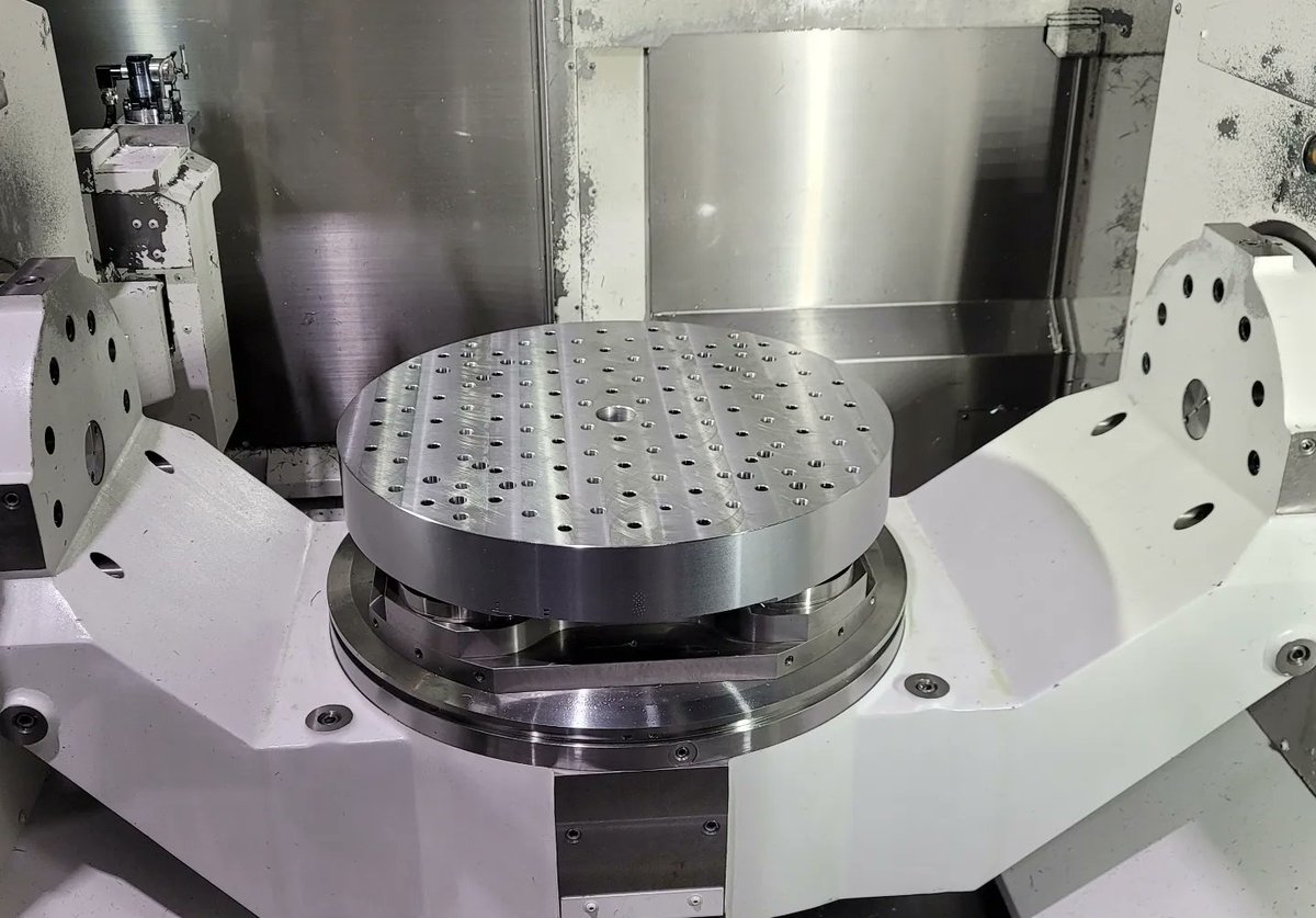 3D_Machine's tweet photo. Designed an additional platter for our Okuma MU8000-V.  From 800mm diameter pallet to a 575mm diameter platter. This will allow better clearance for smaller parts.
#okumamu8000v #multiaxismachining #cncmachining #Mastercam #postability #pascal #Japan #5axismachining #Okuma https://t.co/UugvBddyMc