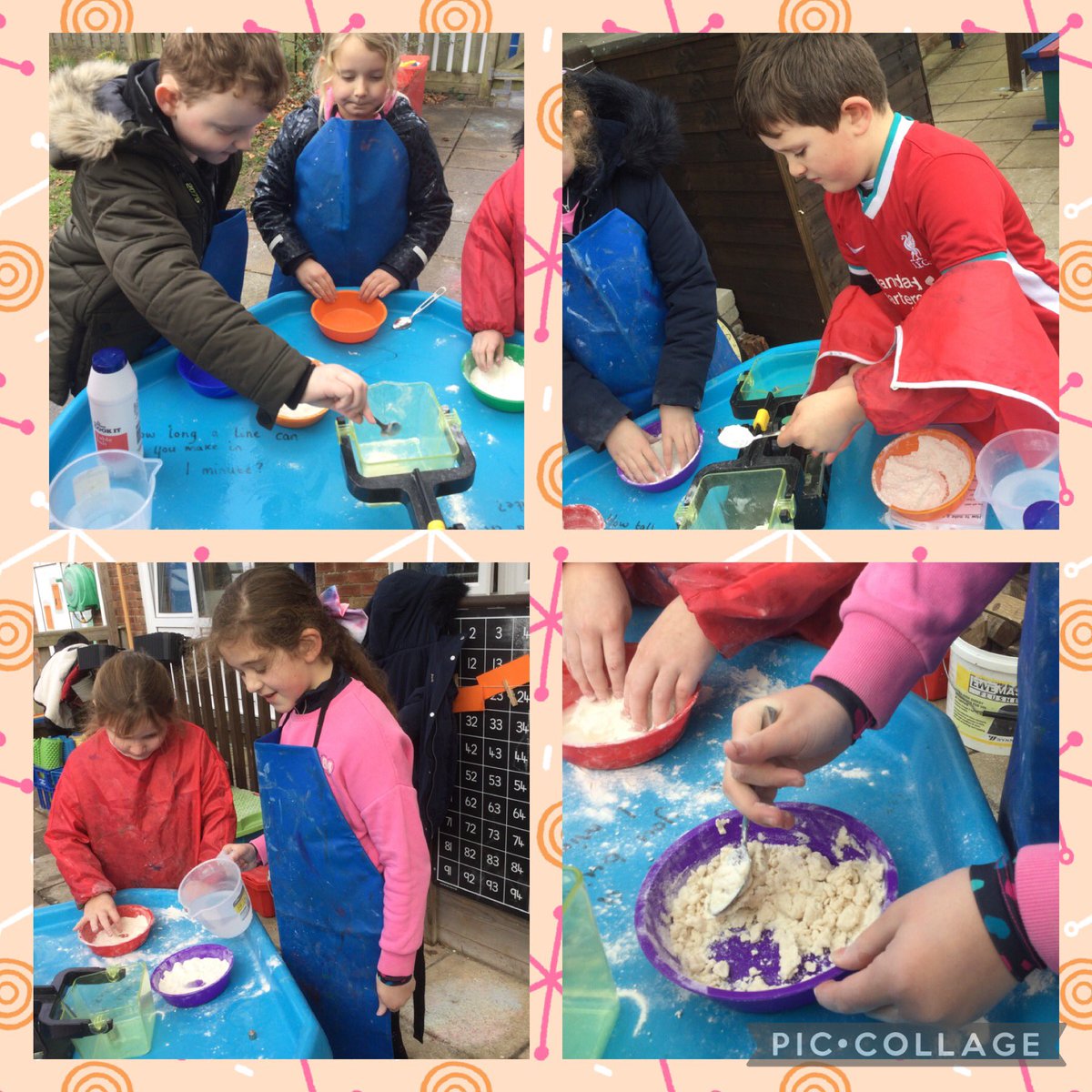Dosbarth3's tweet photo. Putting our measuring skills into practice to weigh out the ingredients needed to make our salt dough mixture, before moulding it into a volcano shape. https://t.co/ztOf50YkFa