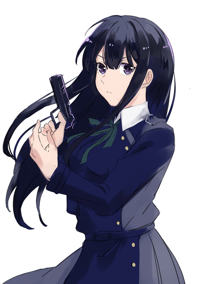 inoue takina 1girl weapon gun solo long hair black hair lycoris uniform  illustration images