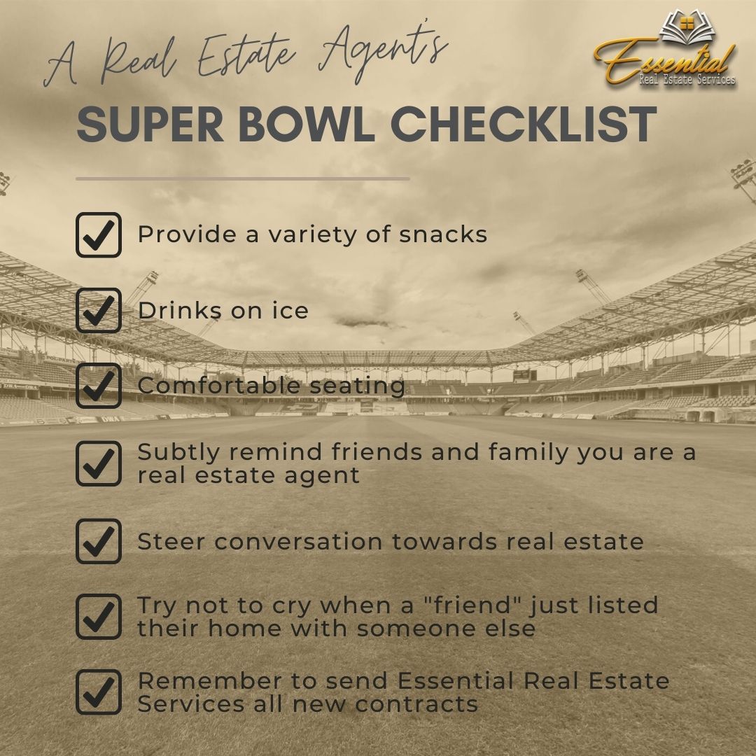 Tomorrow is 🏈Superbowl Sunday🏈, so we wanted to provide you with The Real Estate Agent's Superbowl Checklist☑️. If you can't remember anything else, don't forget to send us all your new contracts this weekend! 😂
#superbowl2023 #TransactionCoordinator  #FloridaRealEstate