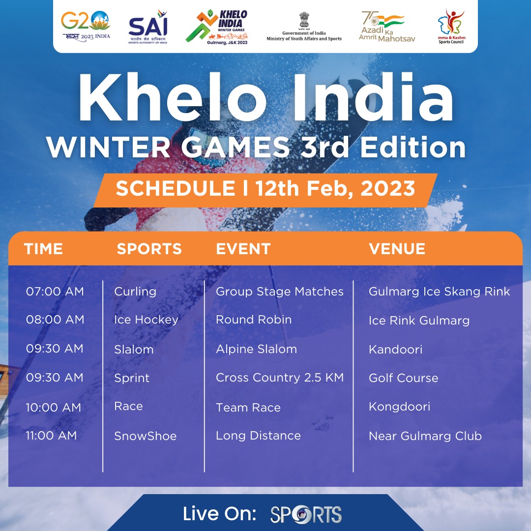 kheloindia's tweet photo. Check out the schedule of #KheloIndiaWinterGames, 12th February 2023 👍 https://t.co/vlJRR2Sa62