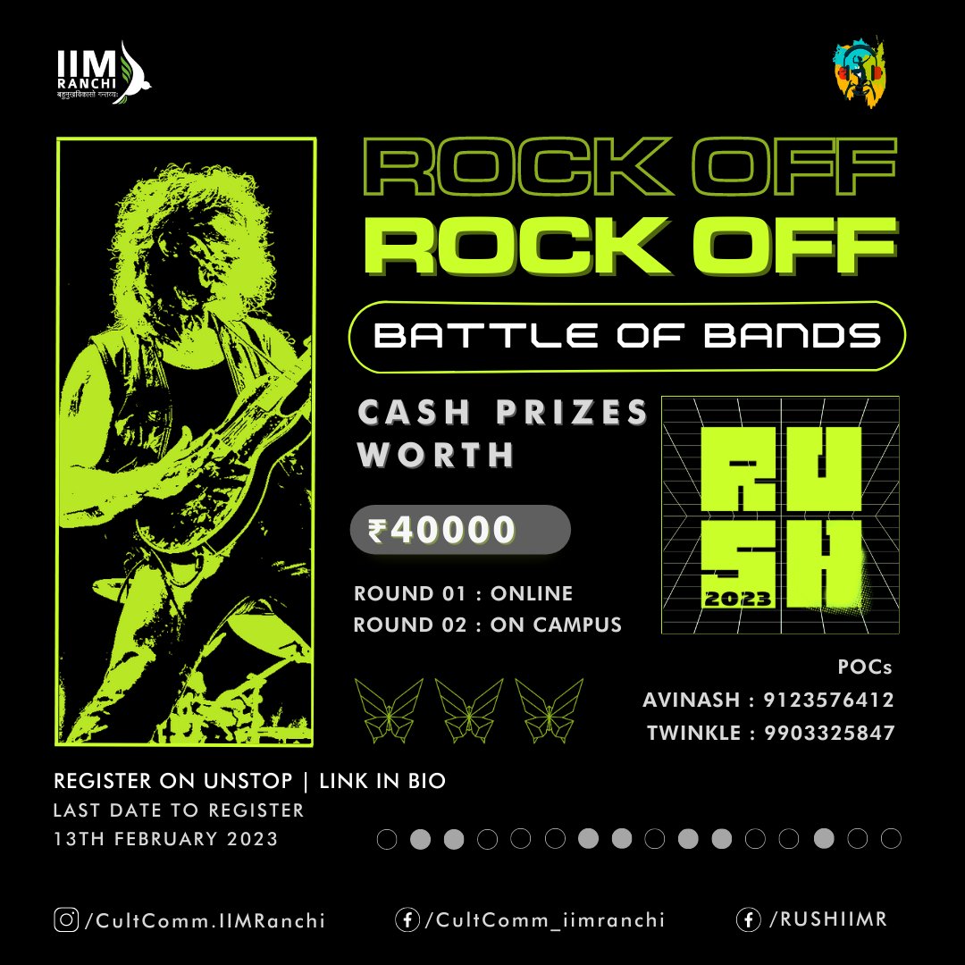 IIMRanchi_Off's tweet photo. Unleash the rhythm, raise the volume, and get ready to rock! Get ready for an epic night of exhilarating performances as the stage comes alive with an electric atmosphere. Who will come out on top? Join us to find out!
#iimranchi #RUSH2023 #TheButterflyEffect #RockOff #music https://t.co/zAQ6PRmnuf