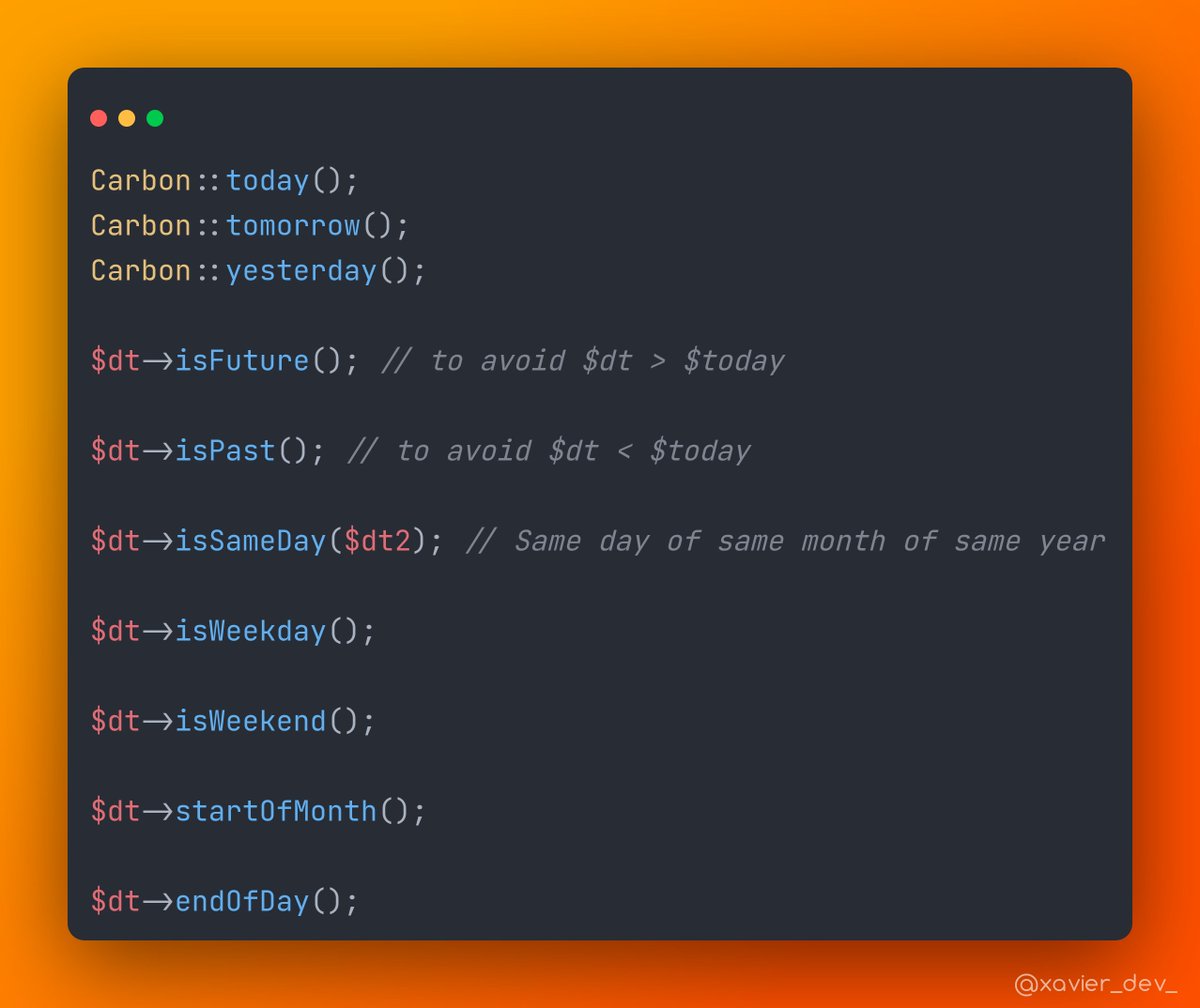 xavier_dev_'s tweet image. Working with dates? Make it a breeze with Carbon API methods. 

Improves code readability a lot!

I like to take a peek at their docs from time to time to refresh my memory on all these amazing methods. I recommend it.
carbon.nesbot.com/docs/

#Laravel #php