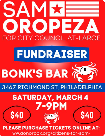 p_dabney's tweet photo. Meet @SamOropezaPHL Northeast for City Council hopeful on March 4th at Bonks Bar 3467 Richmond St  7 - 9 pm $40.00 in advance. Please wear your shirts with your #MissingInPhilly #MissingTeamAdvocate https://t.co/53JtX12RqG