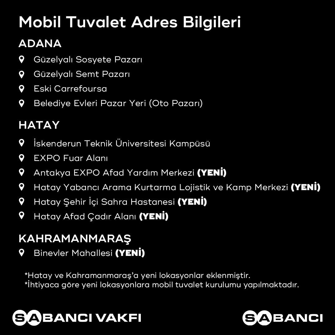 Deprem bölgesindeki vatandaşlarımızın hijyen ihtiyaçları için temin ettiğimiz mobil tuvalet kurulumları yeni lokasyonlar eklenerek devam ediyor. 
📍 11 Şubat 2023 itibari ile güncel mobil tuvalet lokasyonları bilgisi görselde yer almaktadır.