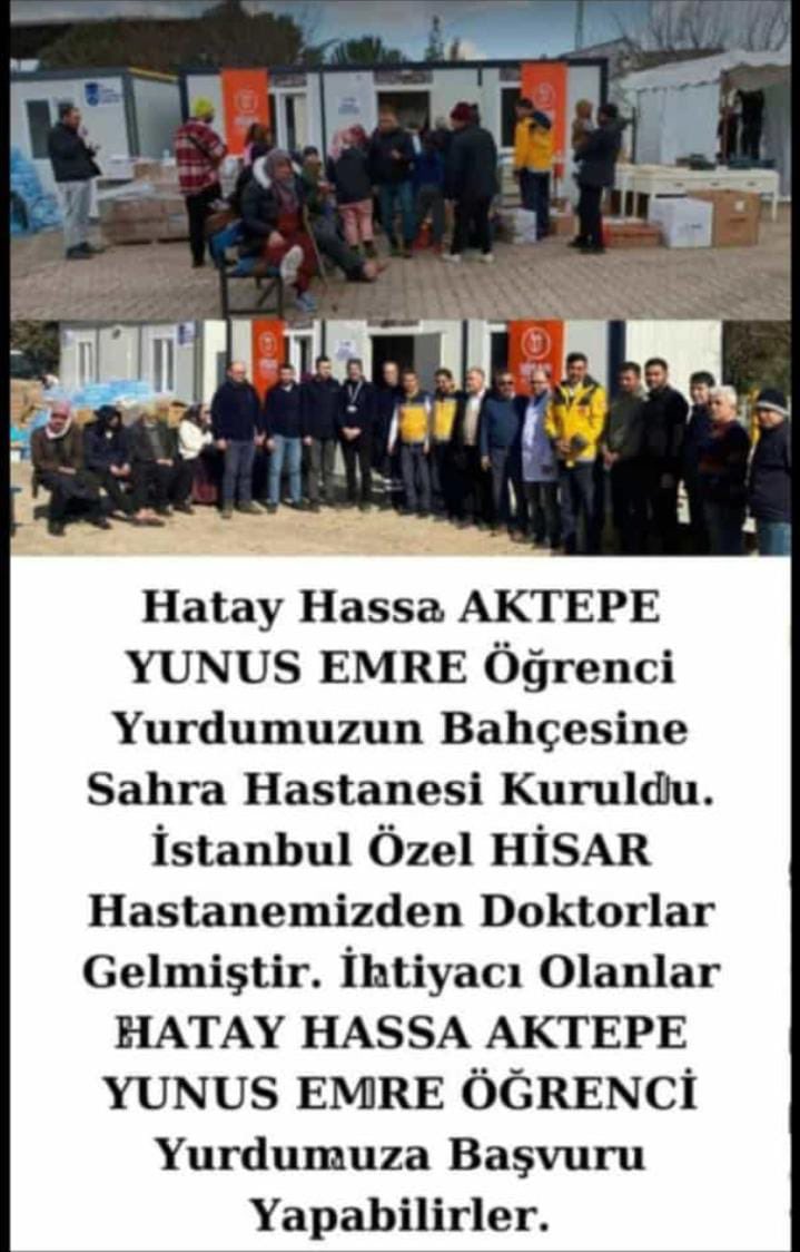 Hastane ihtiyaçları olan #depremzede lere hizmet verilmektedir… #hisar <a href="/hisarhospital/">Hisar Hospital</a> #hatayyardimbekliyor #hatay #hassa #aktepeyunusemre #talebe #yurdu