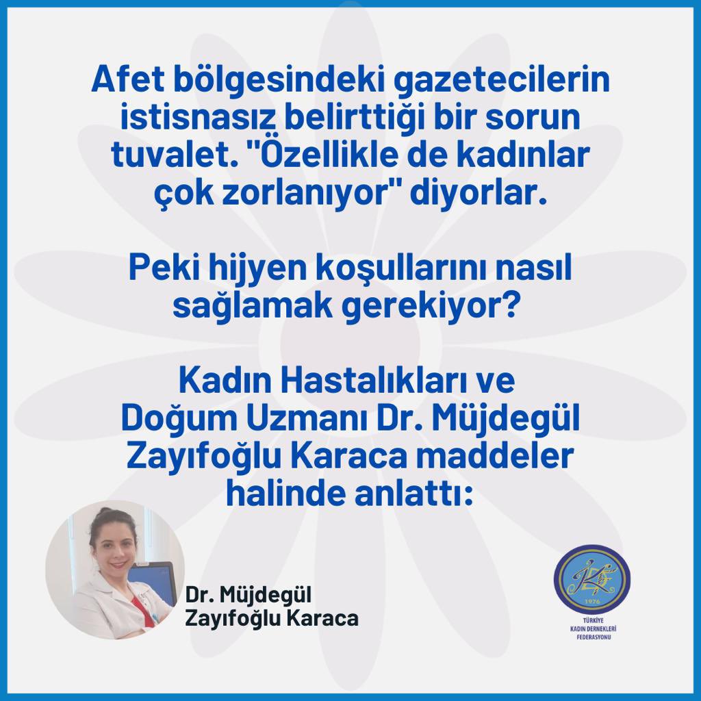 tkdfederasyon's tweet photo. Afet bölgesindeki gazetecilerin istisnasız belirttiği bir sorun tuvalet. "Özellikle de kadınlar çok zorlanıyor" diyorlar.

Peki hijyen koşullarını nasıl sağlamak gerekiyor? Kadın Hastalıkları ve Doğum Uzmanı Dr. Müjdegül Zayıfoğlu Karaca maddeler halinde anlattı. @Mujdegulkaraca https://t.co/PLNsWBKPlG