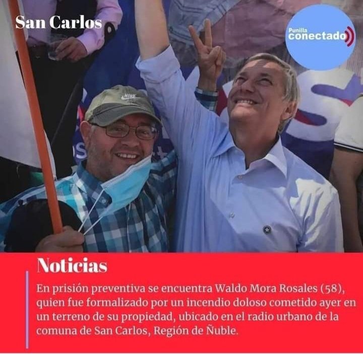 Waldo Mora Rosales, adherente de José Antonio Kast (ver foto) es detenido por iniciar incendios en San Carlos.

No digo yo, Estos zurdos pirómanos...
