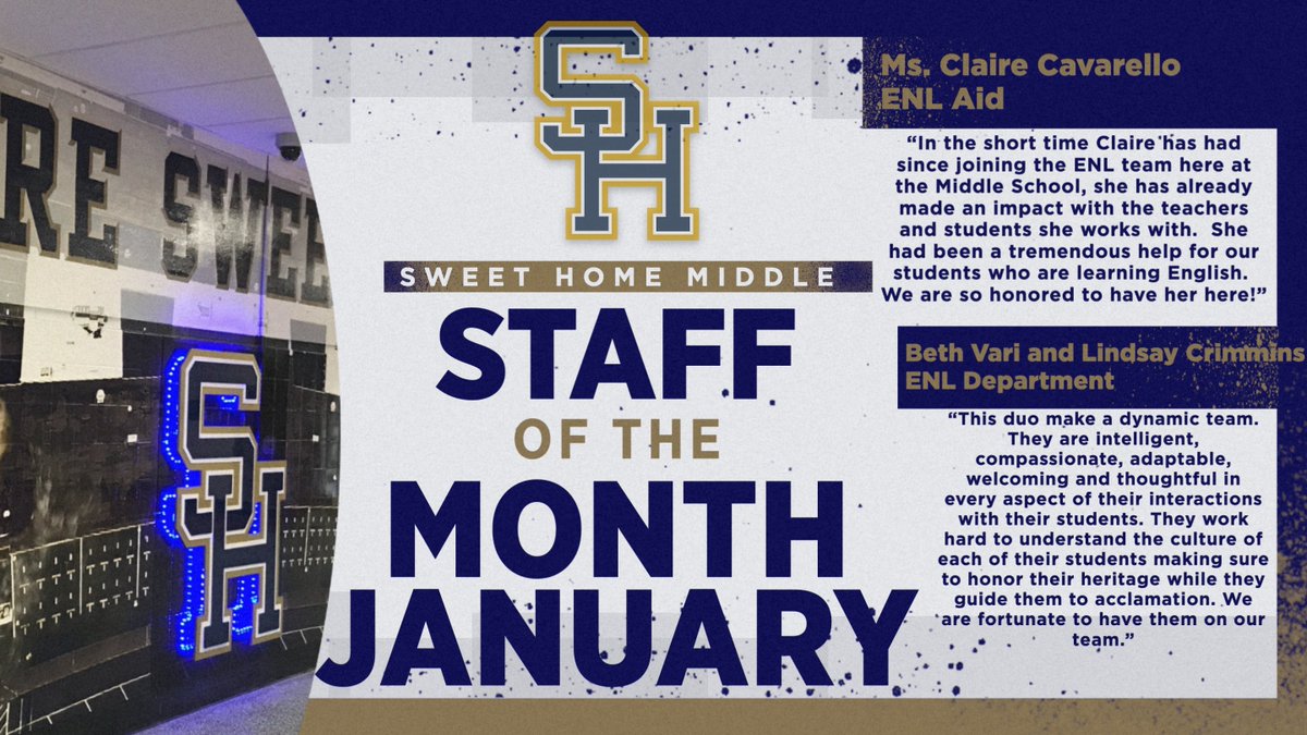 A big congratulations to our ENL Department who are the staff and faculty of the month! They are an exceptional team, who go above and beyond to celebrate, educate and welcome all our students!

<a href="/SHMSptsa/">Sweet Home Middle School PTSA</a> <a href="/SweetHomeCSD/">Sweet Home Central School District</a> <a href="/ScottWolf13/">Scott Wolf</a>