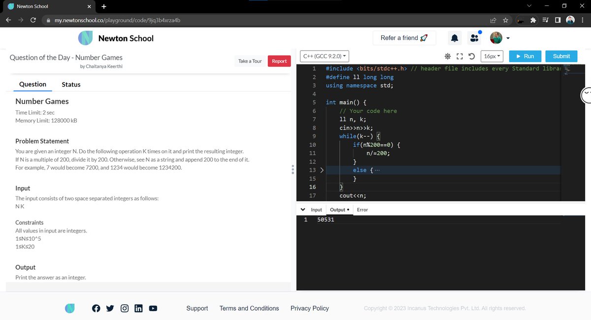 chaitanya8921's tweet photo. Hey friends, I just completed Day 43 of the 51 Days of Code Challenge with the @newtonschoolhq community.
Today I solved the question - Number Games
#newtonschooldiscord #51daysofcode #30Daysofcode #100DaysOfCode https://t.co/ebHqgGxonU