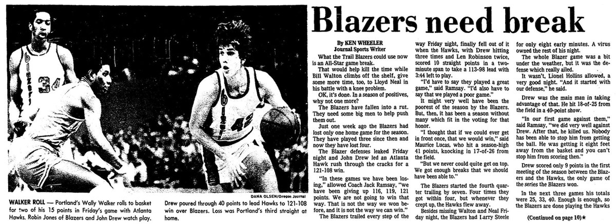 77Blazers's tweet photo. Feb 11 1977 - #MauriceLucas scored a then career-high 41 pts but @trailblazers fall to @ATLHawks as #JohnDrew scored 40.  It is the 1st time Lucas topped the 40 pt mark w/the #Blazers

#RipCity https://t.co/JIsoTjKo64