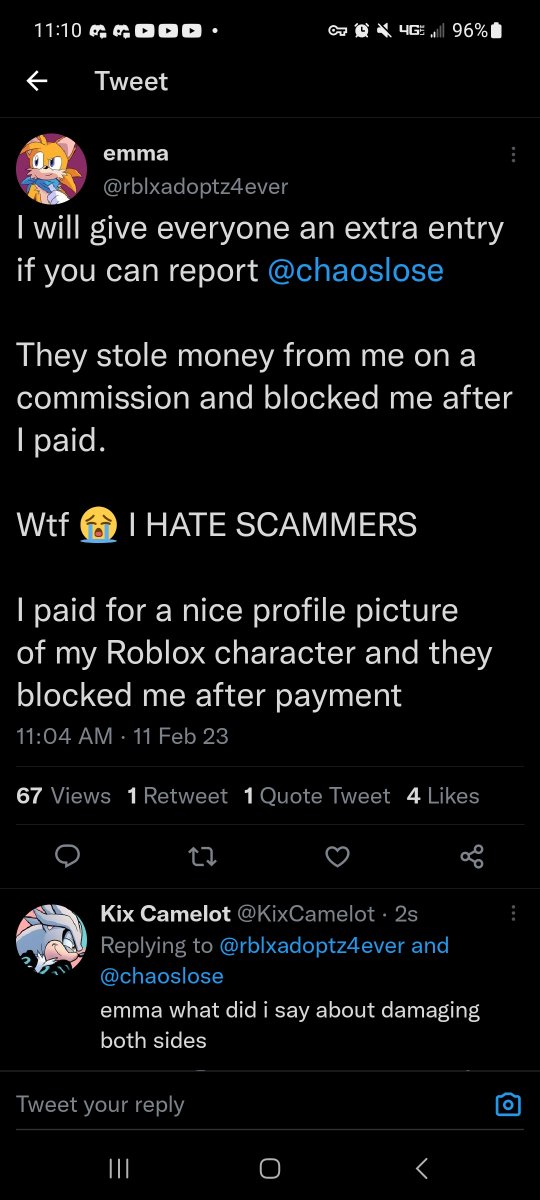 Grandfather_Sam's tweet photo. @chaoslose 
Hi I'm alting again but Emma (the user you blocked that claimed you stole comm money) is doing it again

She blocked my main for asking for evidence and refuses to accept that they just lie a shit ton https://t.co/iOffxekcPj